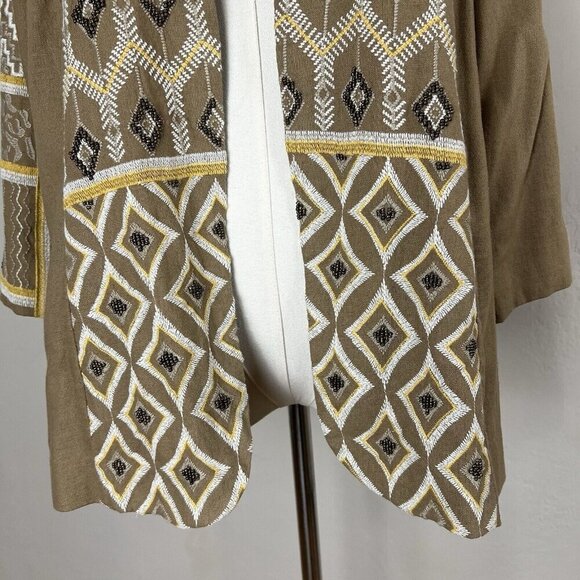 Chico's Linen Blend Jacket Beaded Embroidered Lined Boho 3/4 Sleeve Tan‎ Size 2 - Picture 3 of 12